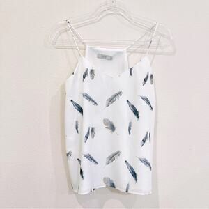 Dalia Spaghetti Strap White Camisole Tank Top w/ Gray Feather Print  - Small